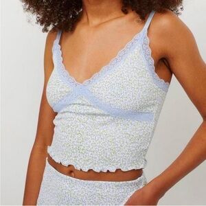 Green Floral Tank with Light Blue Lace Trim Cami Top